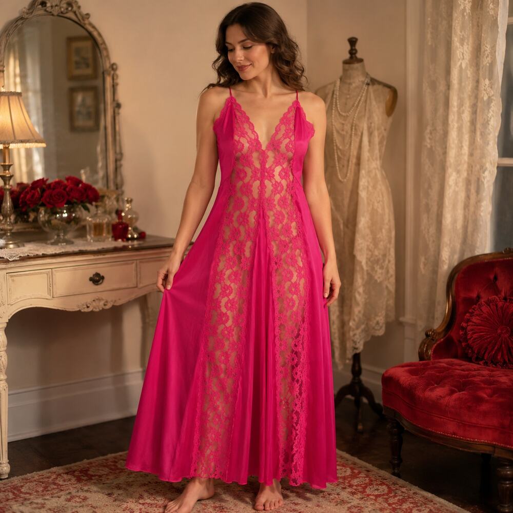 70s Val Mode Raspberry Pink Lace Nightgown Open Back Sheer Nylon Maxi - M